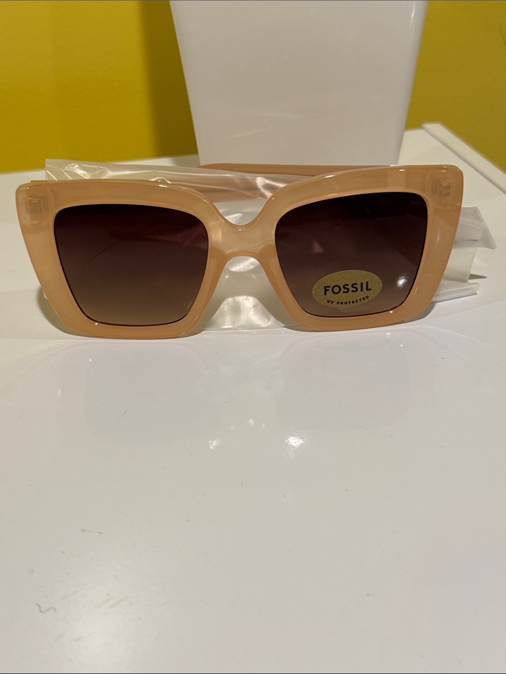 Fossil Women’s Square Sunglasses in Peach Frame with Gradient Brown Lenses
